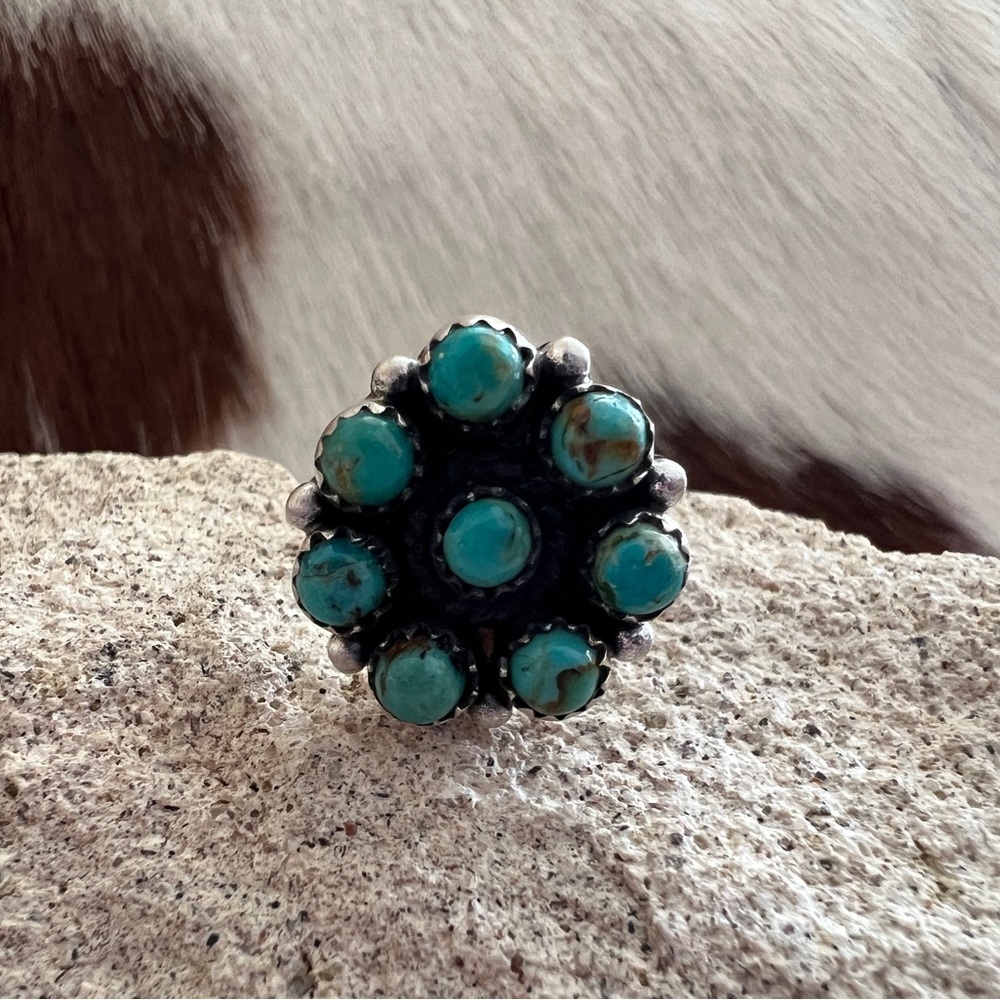 ❤️ Mojave Kingman Turquoise Sterling Navajo Style Cluster Flower Ring Adjustable